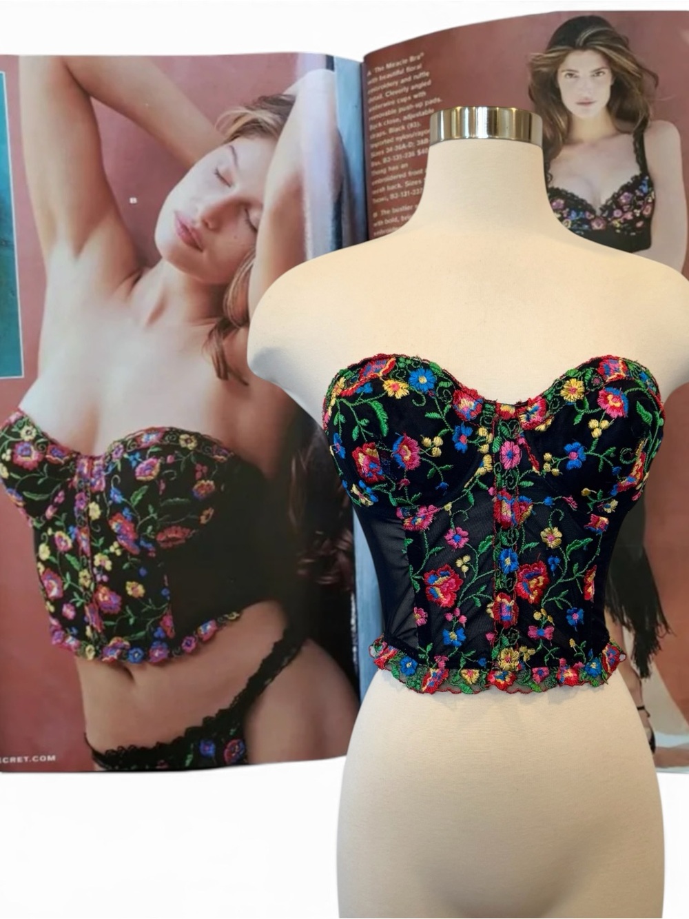 90s Victoria’s Secret Embroidered Floral Corset Bustier Vintage Strapless Top